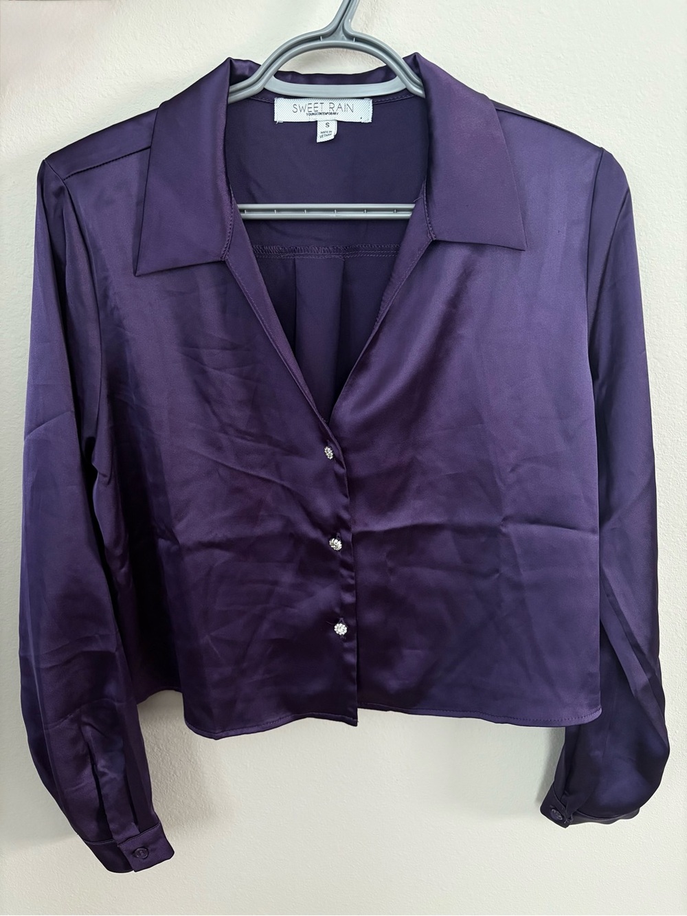 Sweet Rain Women's Deep Purple Satin Button-Front Blouse Size S - New